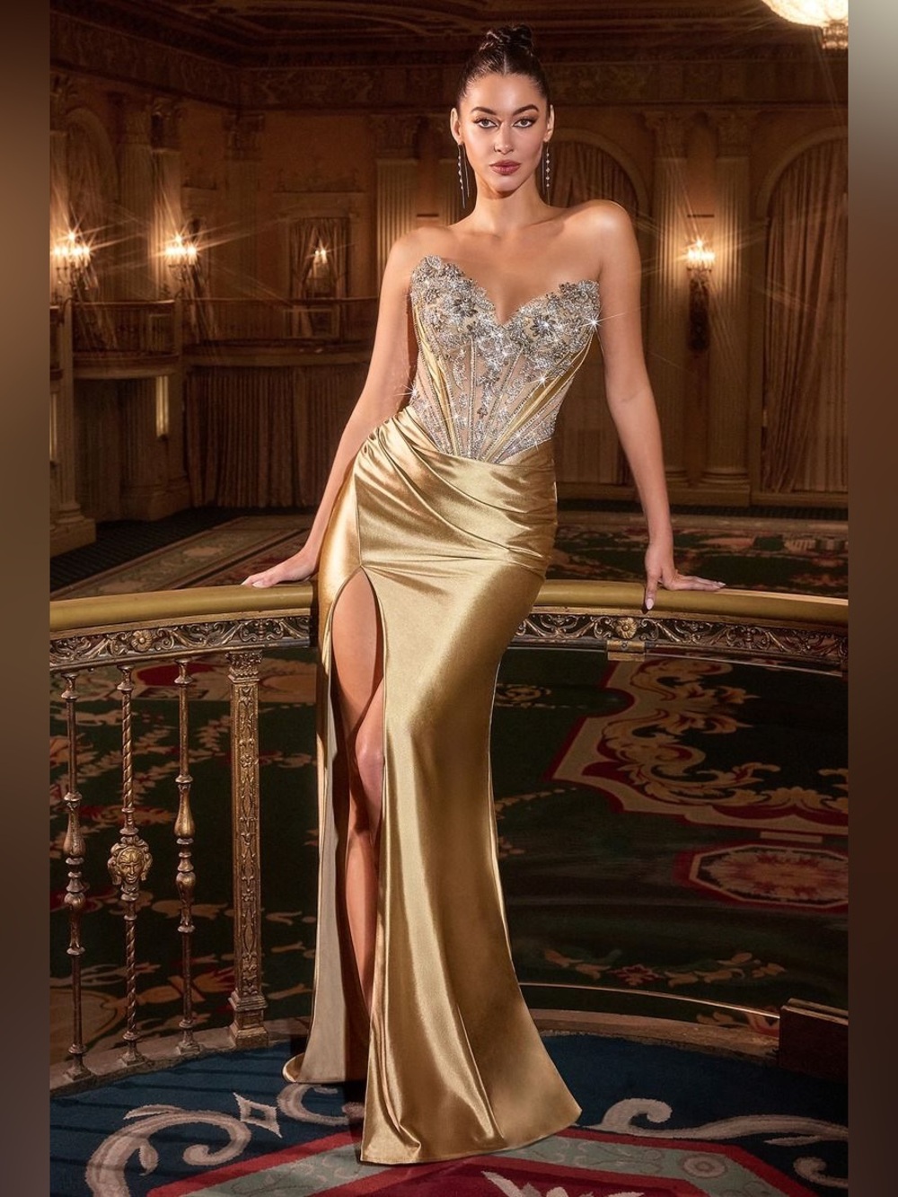 Gold Strapless Embellished Evening Gown